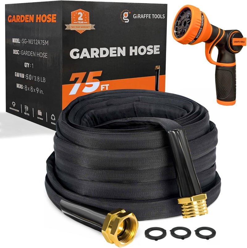 Giraffe Tools Garden Hose 75FT Lightweight Lay Flat Water Hose Kink Free Flexible Hose with 9 Spray Function Nozzle（Black） - Image 1